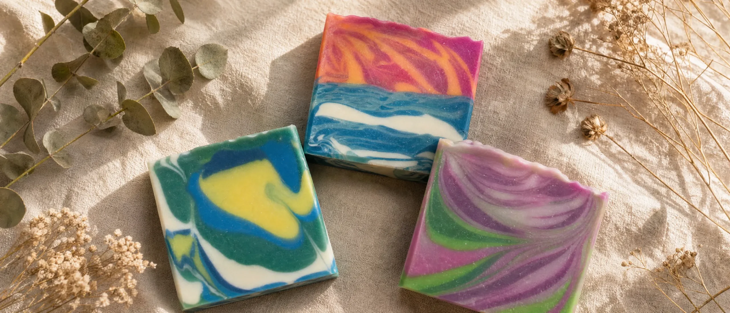 Handmade cold pressed YHWH natural soap bars styled on linen with dried botanicals